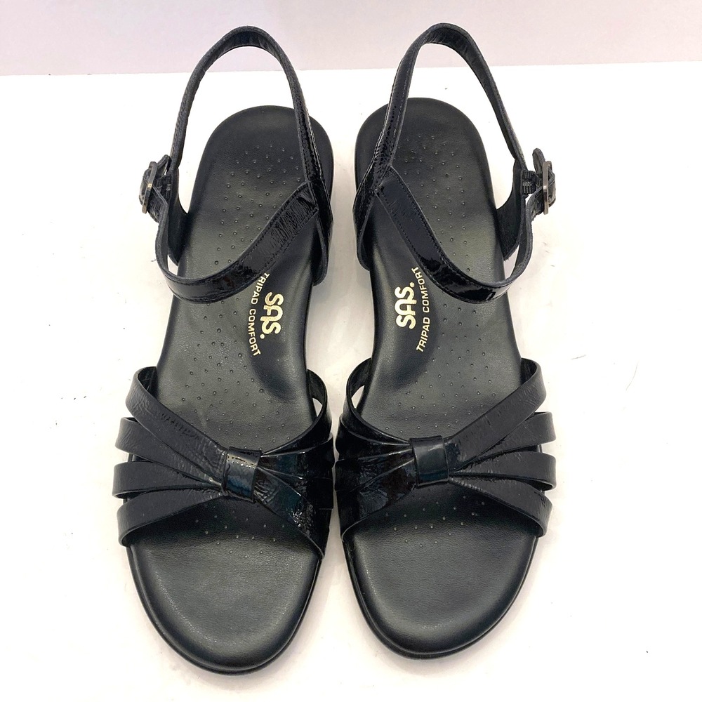 SAS Strappy‎ Sandals Black Leather Wedge Heel Tripad Comfort Sandals Womens 10M